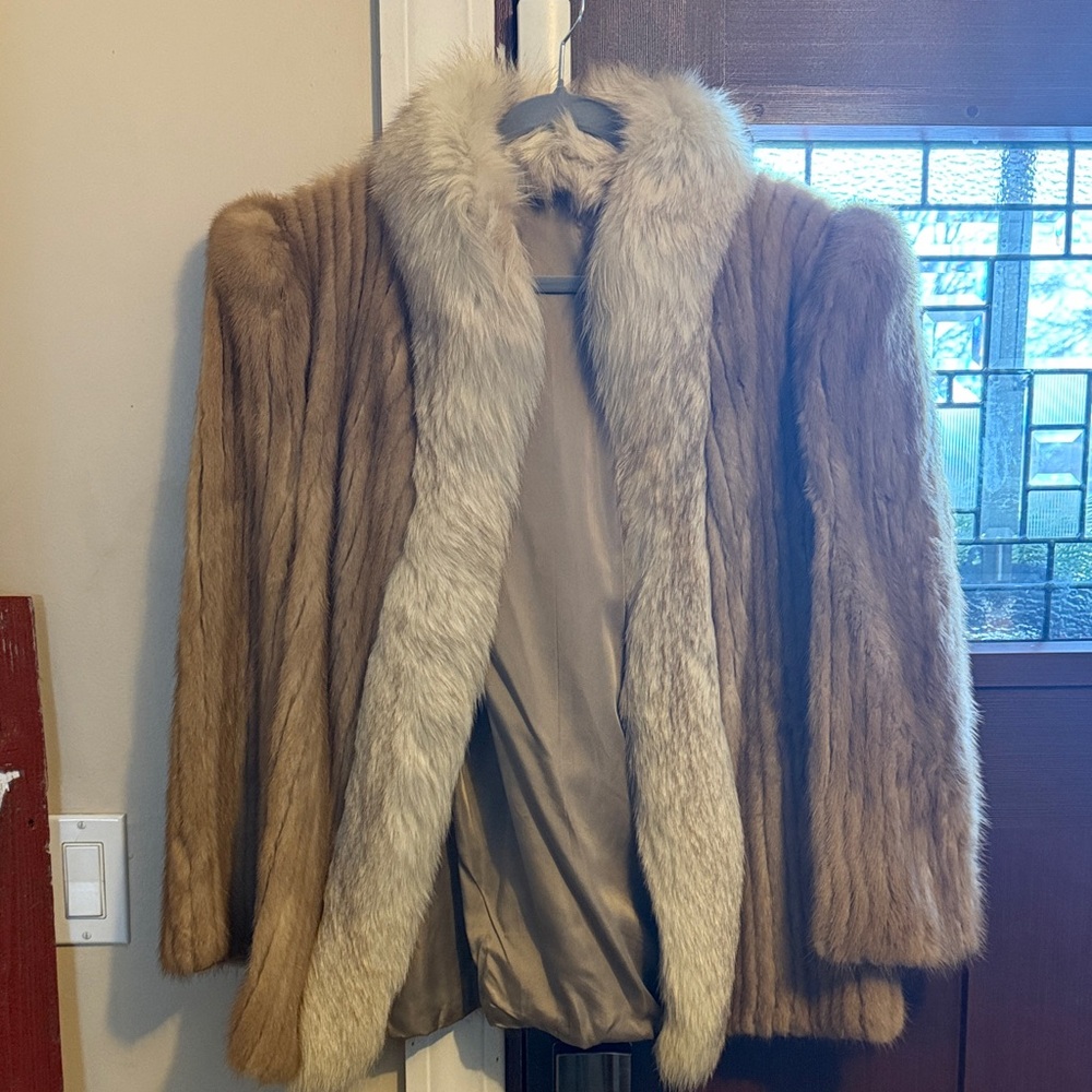 Vintage Blonde Ribbed Mink Fur Jacket with a White Fox Fur Trim